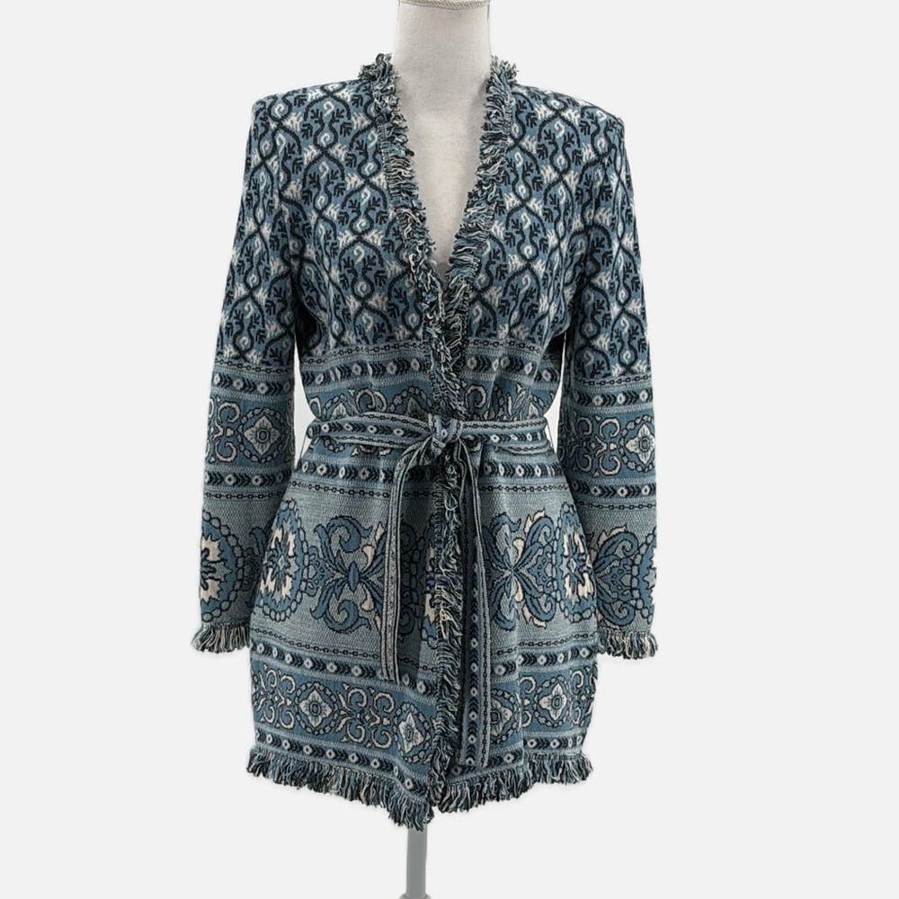 St. John Sport Wool Blend Ornate Print Fringed Edge Cardigan - Size Small
